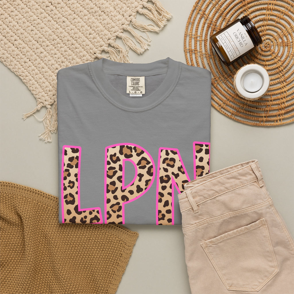 LPN Leopard Print Tee — Pink-Outlined Licensed Practical Nurse T-Shirt