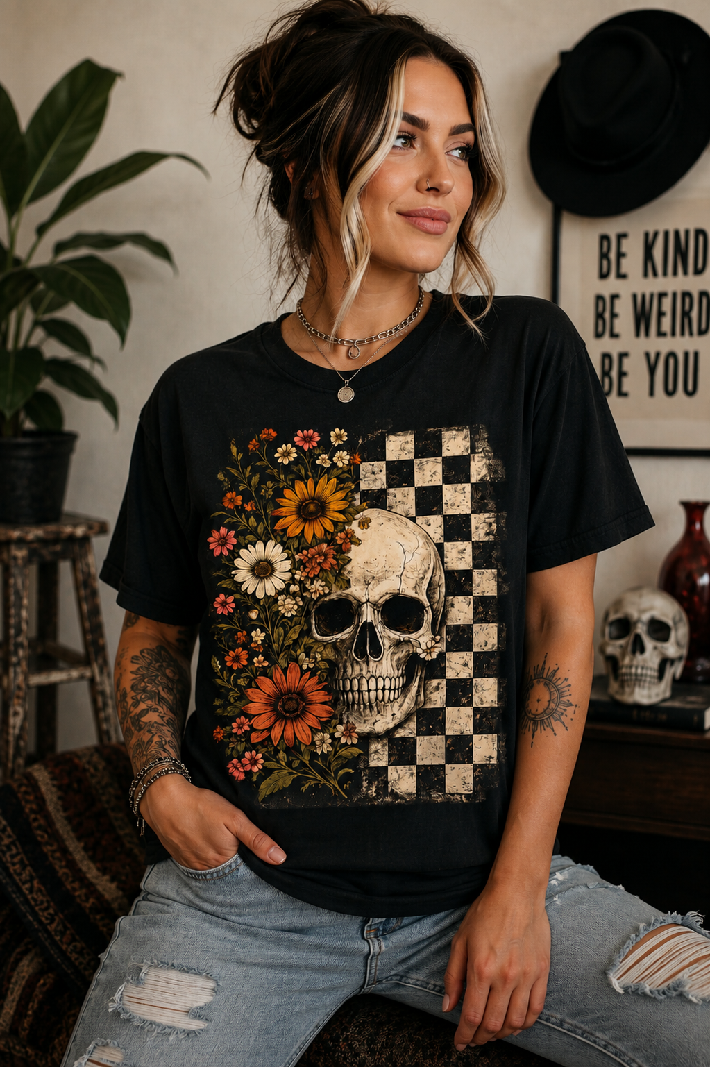 Skull & Sunflowers Checkerboard T-Shirt