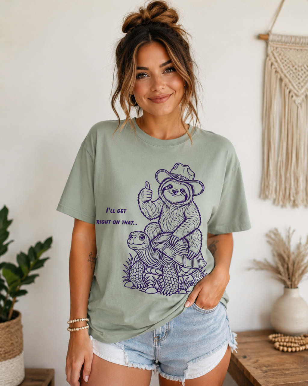 Sloth on Turtle T-Shirt – “I’ll Get Right on That” Vintage Graphic Tee