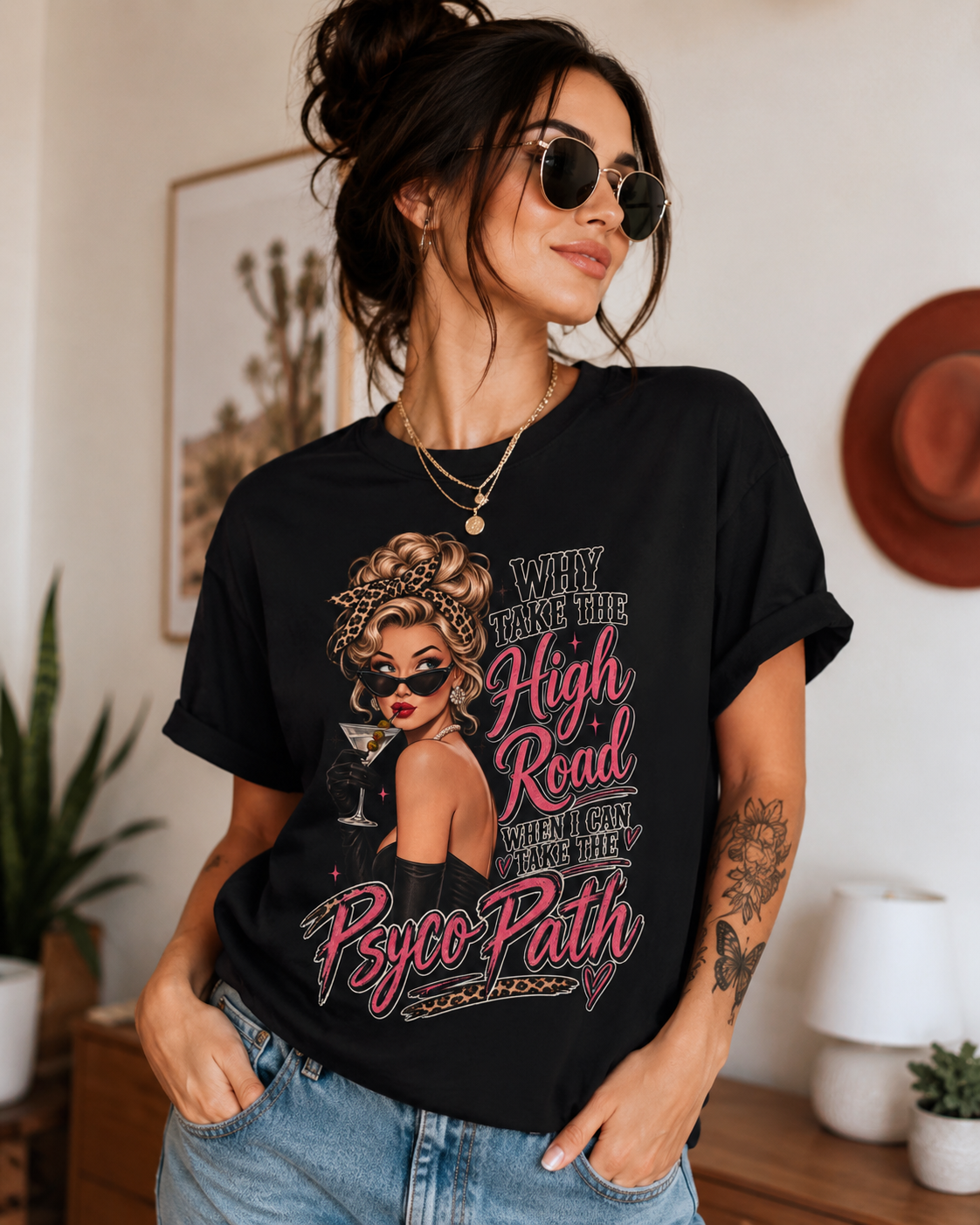 Psycho Path Graphic Tee — "Why Take the High Road When I Can Take the Psycho Path" Retro Pin-Up T-Shirt