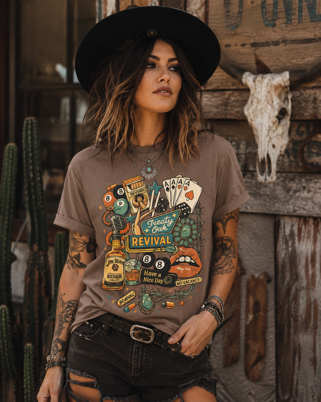 Retro Revival Graphic T-Shirt — 'Revival' Casino & Roadside Patch Art