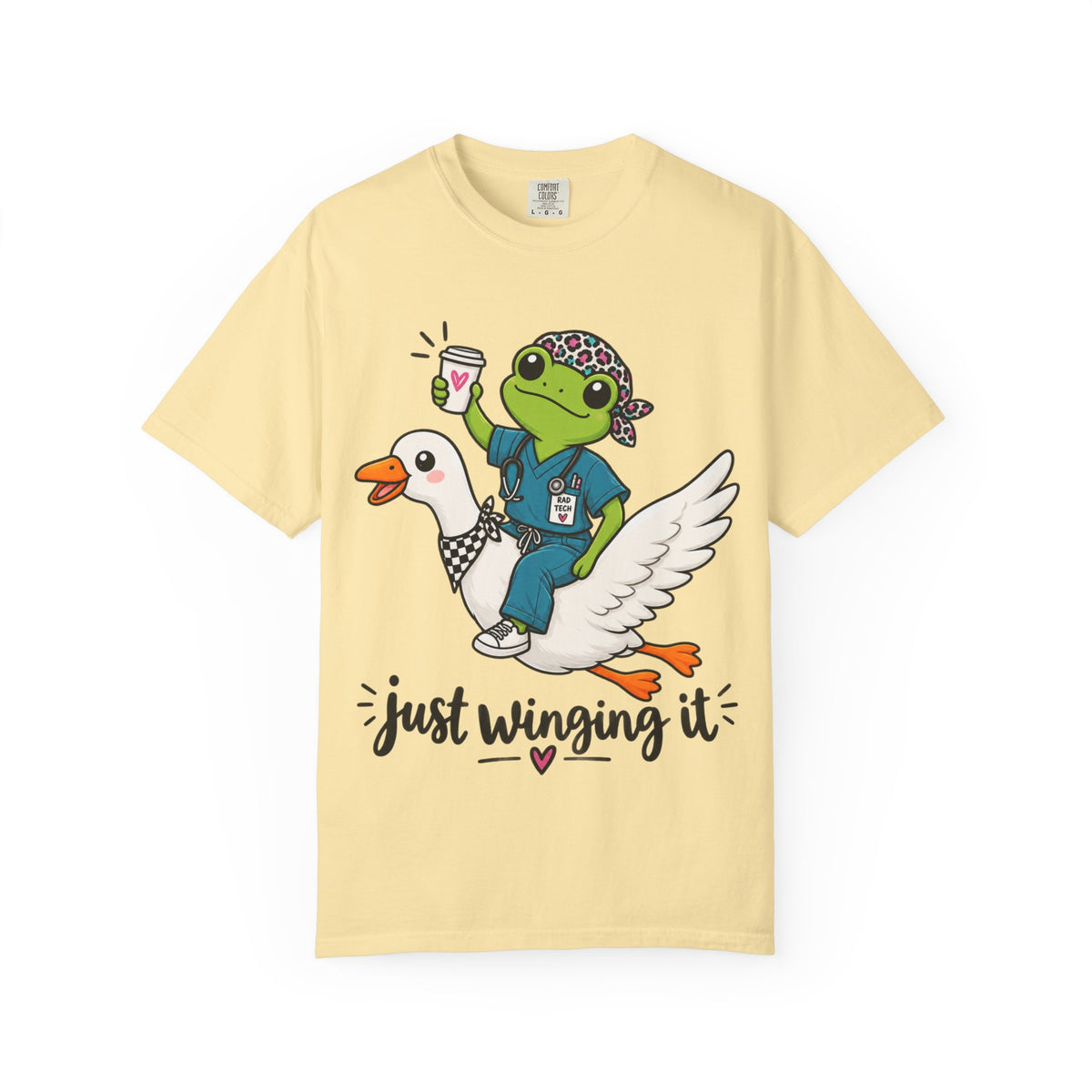 Just Winging It Nurse T-Shirt — Frog Scrub Nurse Riding Goose Graphic Tee