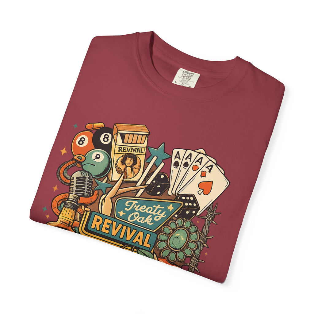 Retro Revival Graphic T-Shirt — 'Revival' Casino & Roadside Patch Art