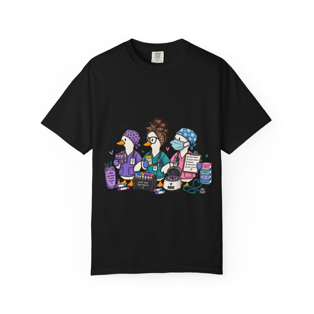 Lab Tech Team T-Shirt — Cute Cartoon Laboratory Scientist Shirt for Medical & Research Staff