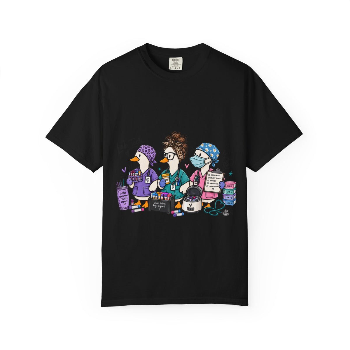 Lab Tech Team T-Shirt — Cute Cartoon Laboratory Scientist Shirt for Medical & Research Staff