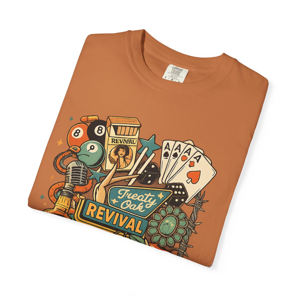 Retro Revival Graphic T-Shirt — 'Revival' Casino & Roadside Patch Art