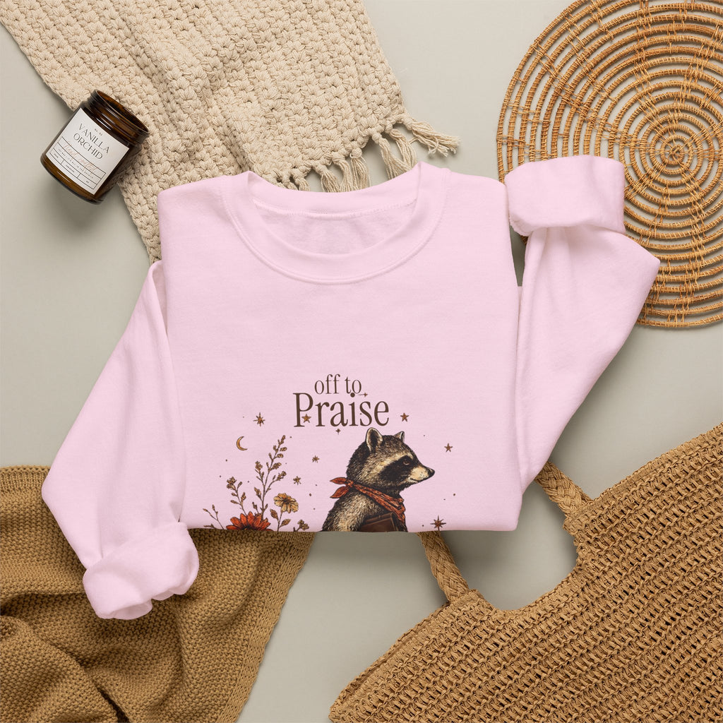 Crewneck Sweatshirt — 'Off to Praise the Lord' Raccoon Christian Graphic