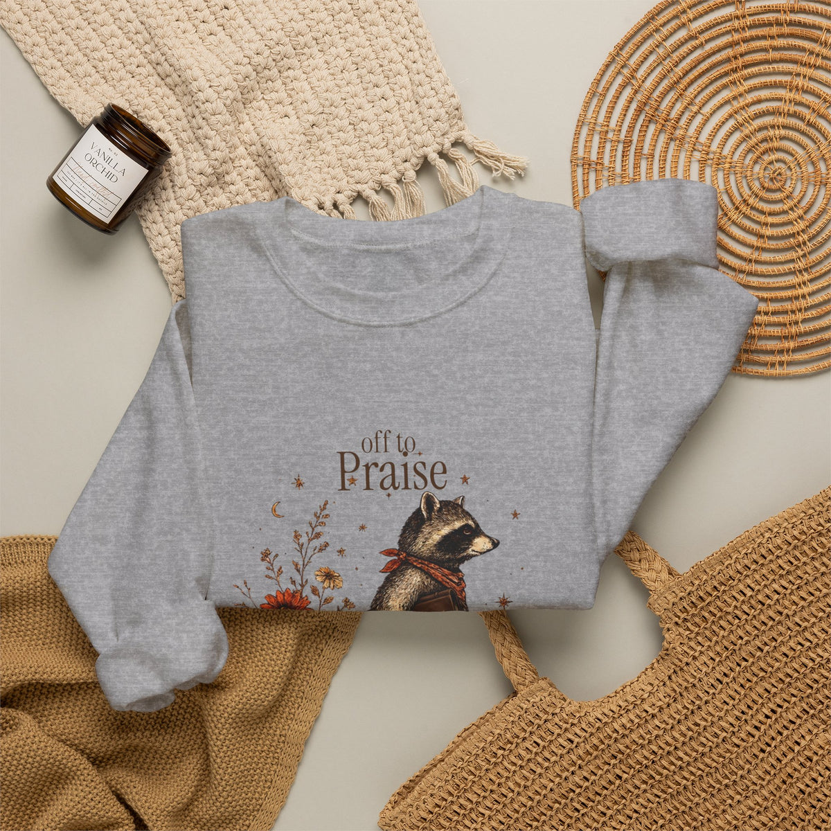 Crewneck Sweatshirt — 'Off to Praise the Lord' Raccoon Christian Graphic
