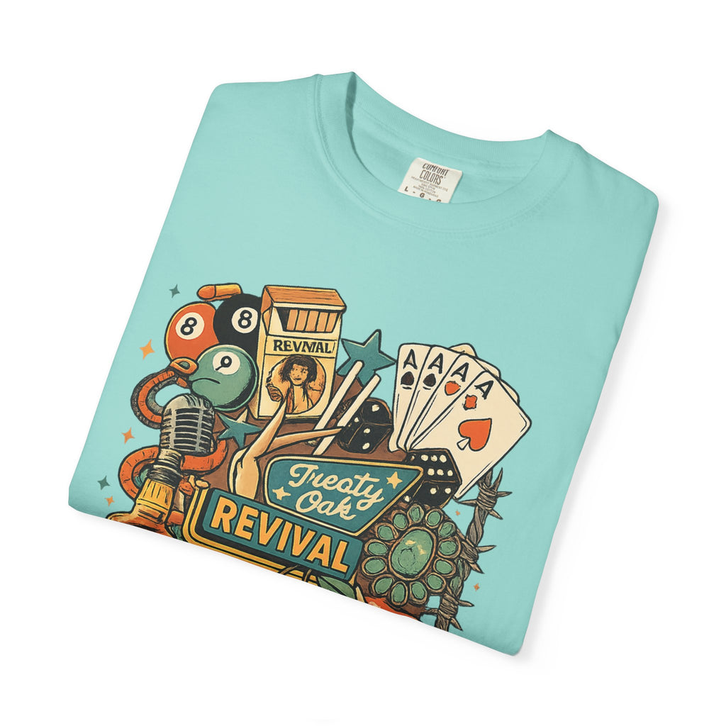 Retro Revival Graphic T-Shirt — 'Revival' Casino & Roadside Patch Art