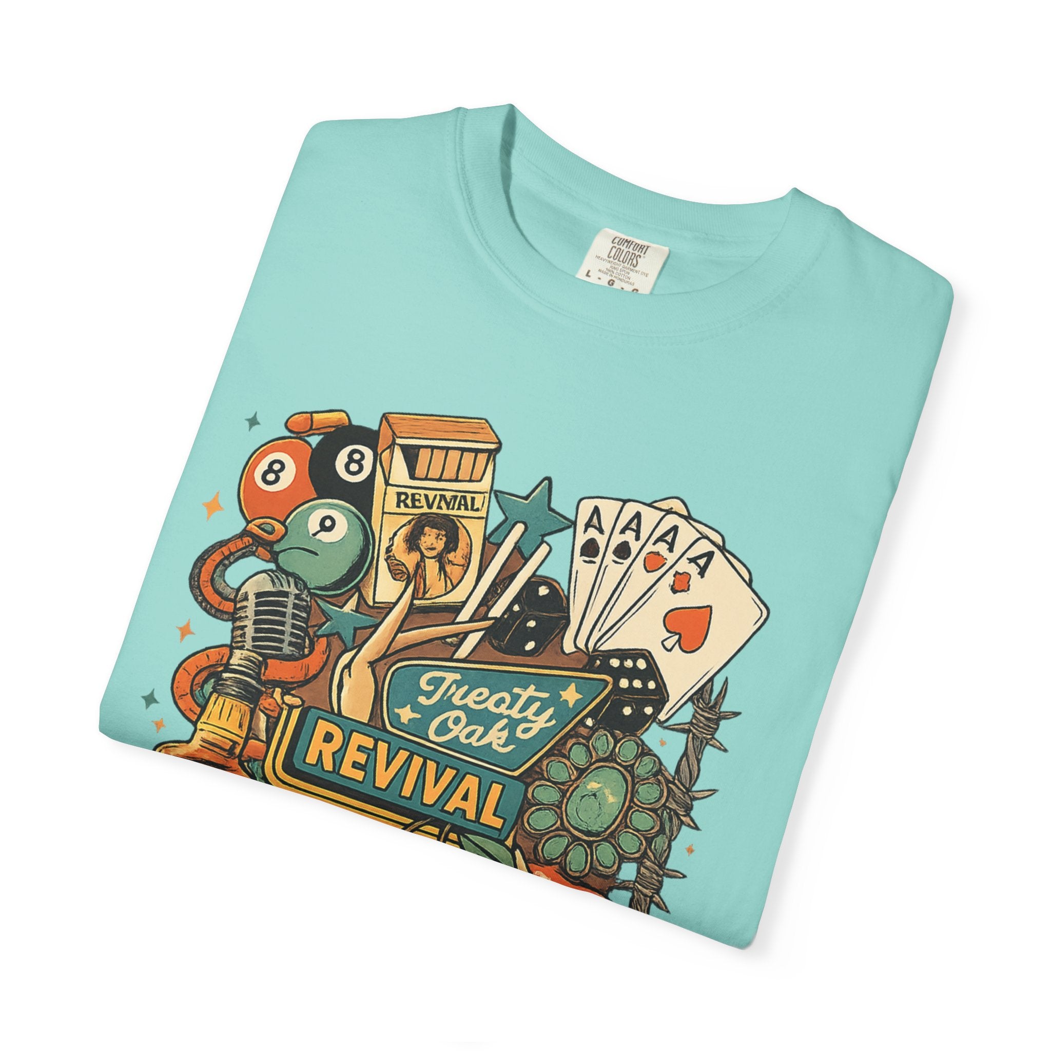 Retro Revival Graphic T-Shirt — 'Revival' Casino & Roadside Patch Art