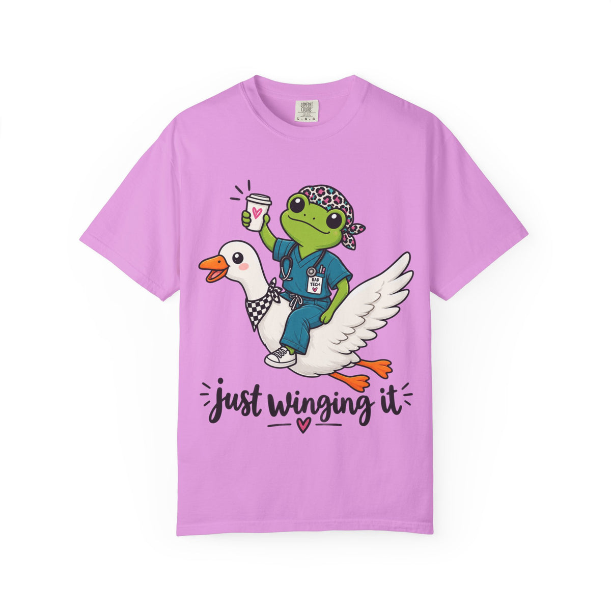 Just Winging It Nurse T-Shirt — Frog Scrub Nurse Riding Goose Graphic Tee