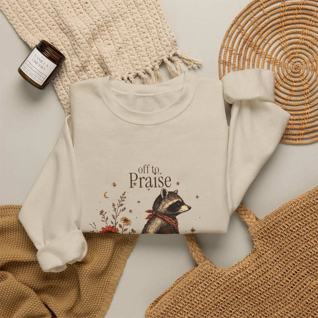 Crewneck Sweatshirt — 'Off to Praise the Lord' Raccoon Christian Graphic