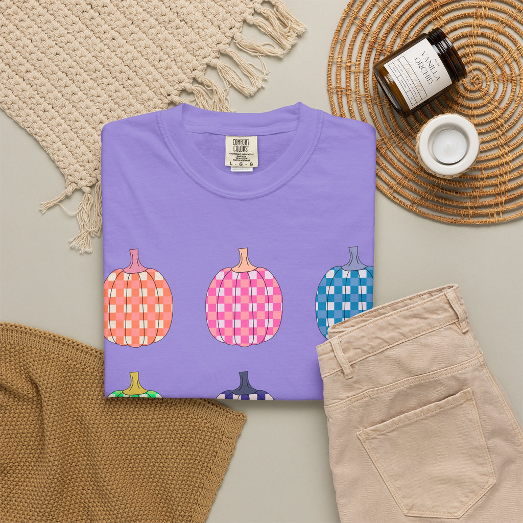 Pumpkin Grid T‑Shirt — Colorful Patterned Pumpkins Tee for Fall & Halloween
