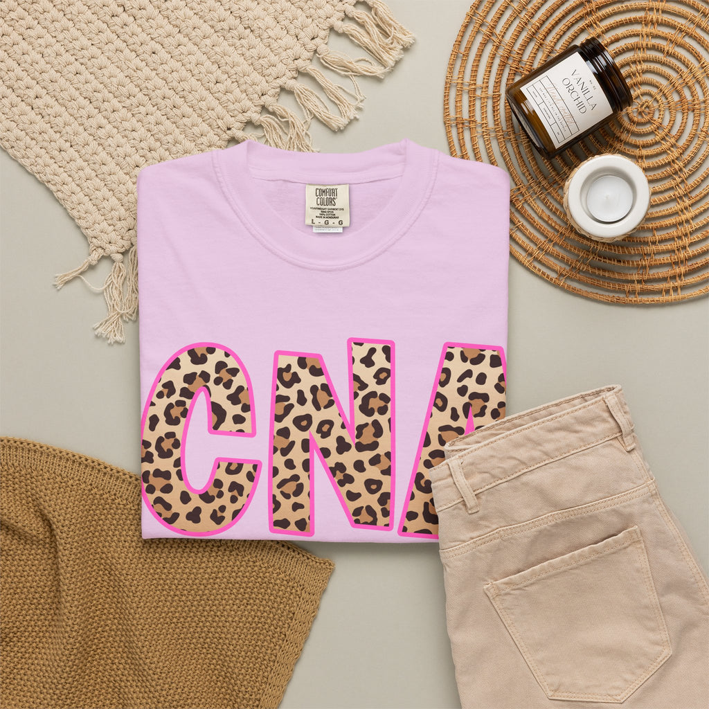 CNA Leopard Print Tee — Pink Outline Certified Nursing Assistant Shirt