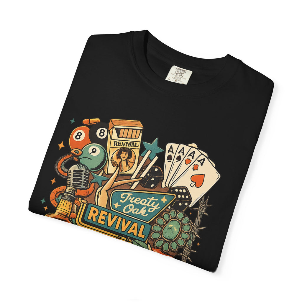 Retro Revival Graphic T-Shirt — 'Revival' Casino & Roadside Patch Art