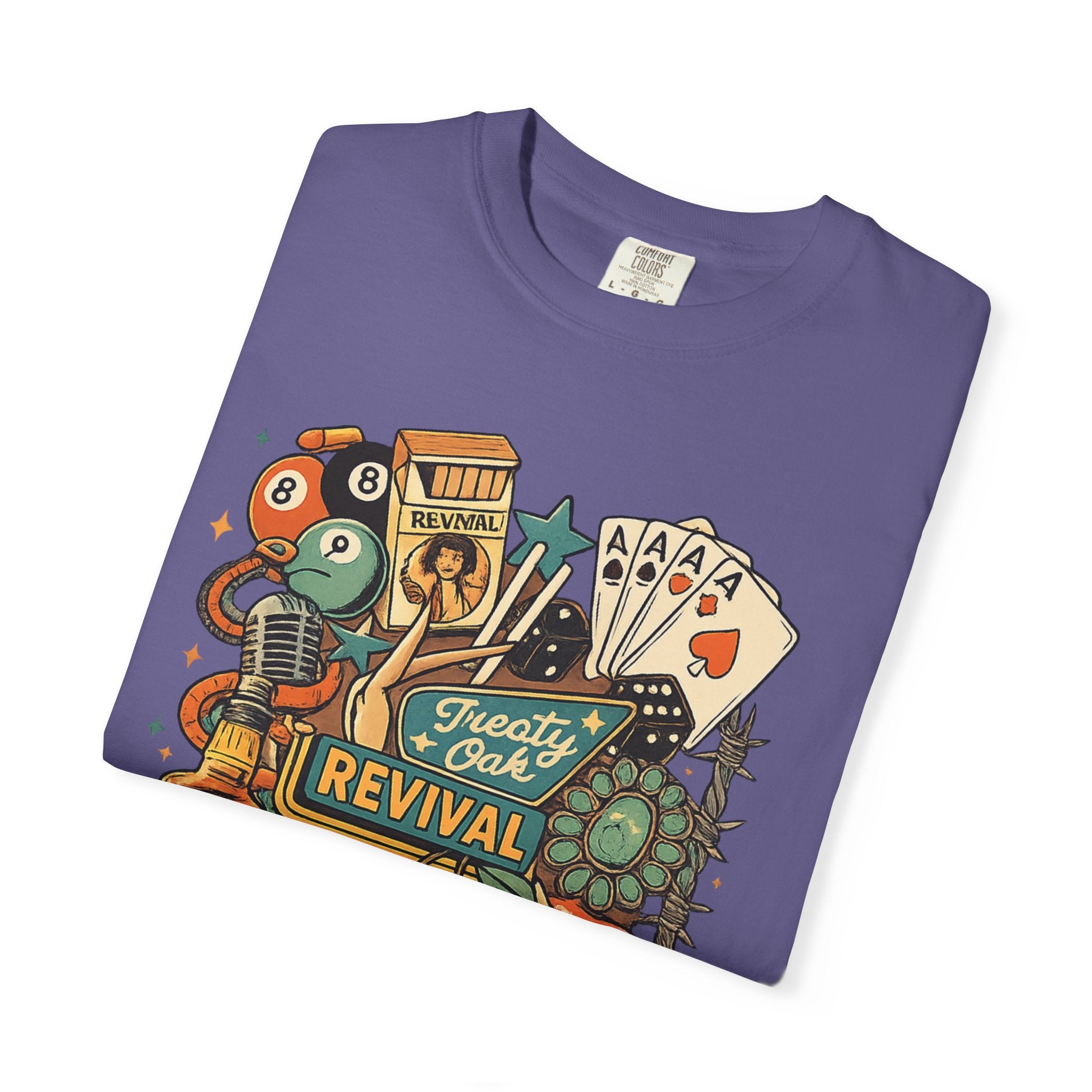 Retro Revival Graphic T-Shirt — 'Revival' Casino & Roadside Patch Art