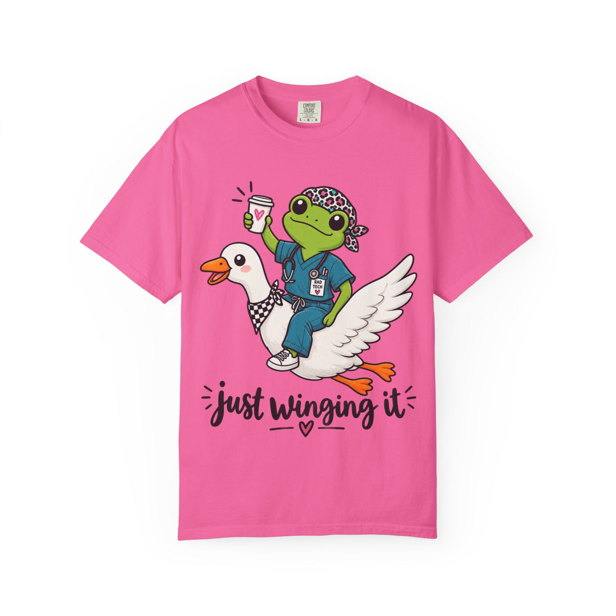 Just Winging It Nurse T-Shirt — Frog Scrub Nurse Riding Goose Graphic Tee