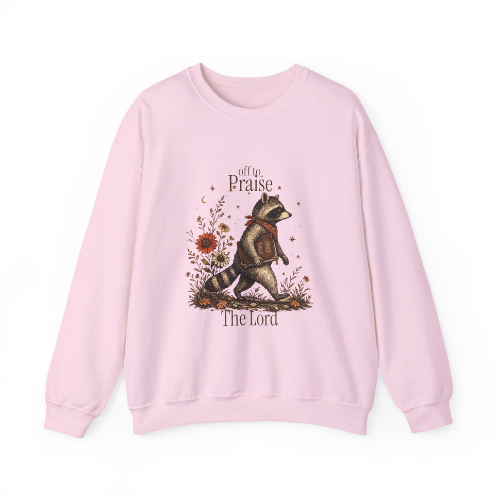 Crewneck Sweatshirt — 'Off to Praise the Lord' Raccoon Christian Graphic