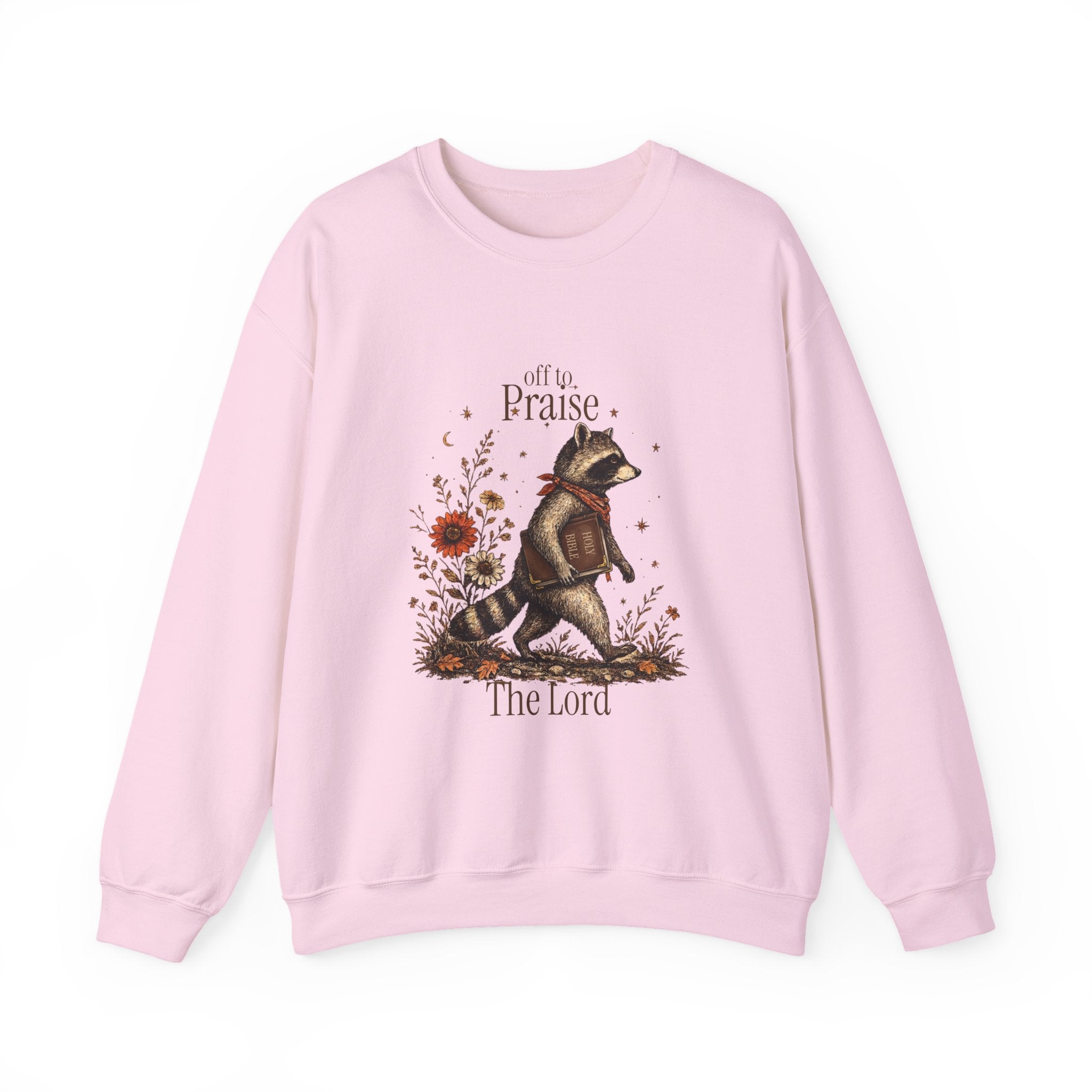 Crewneck Sweatshirt — 'Off to Praise the Lord' Raccoon Christian Graphic