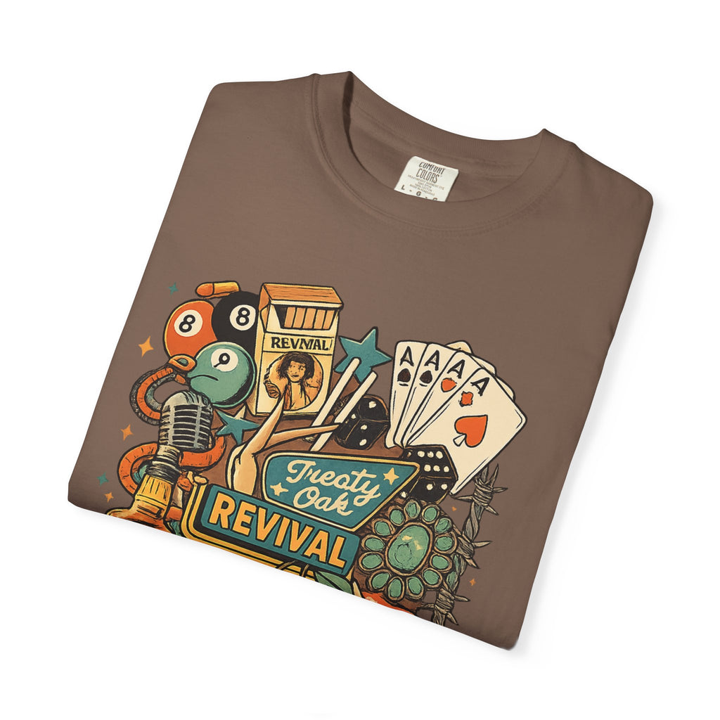 Retro Revival Graphic T-Shirt — 'Revival' Casino & Roadside Patch Art