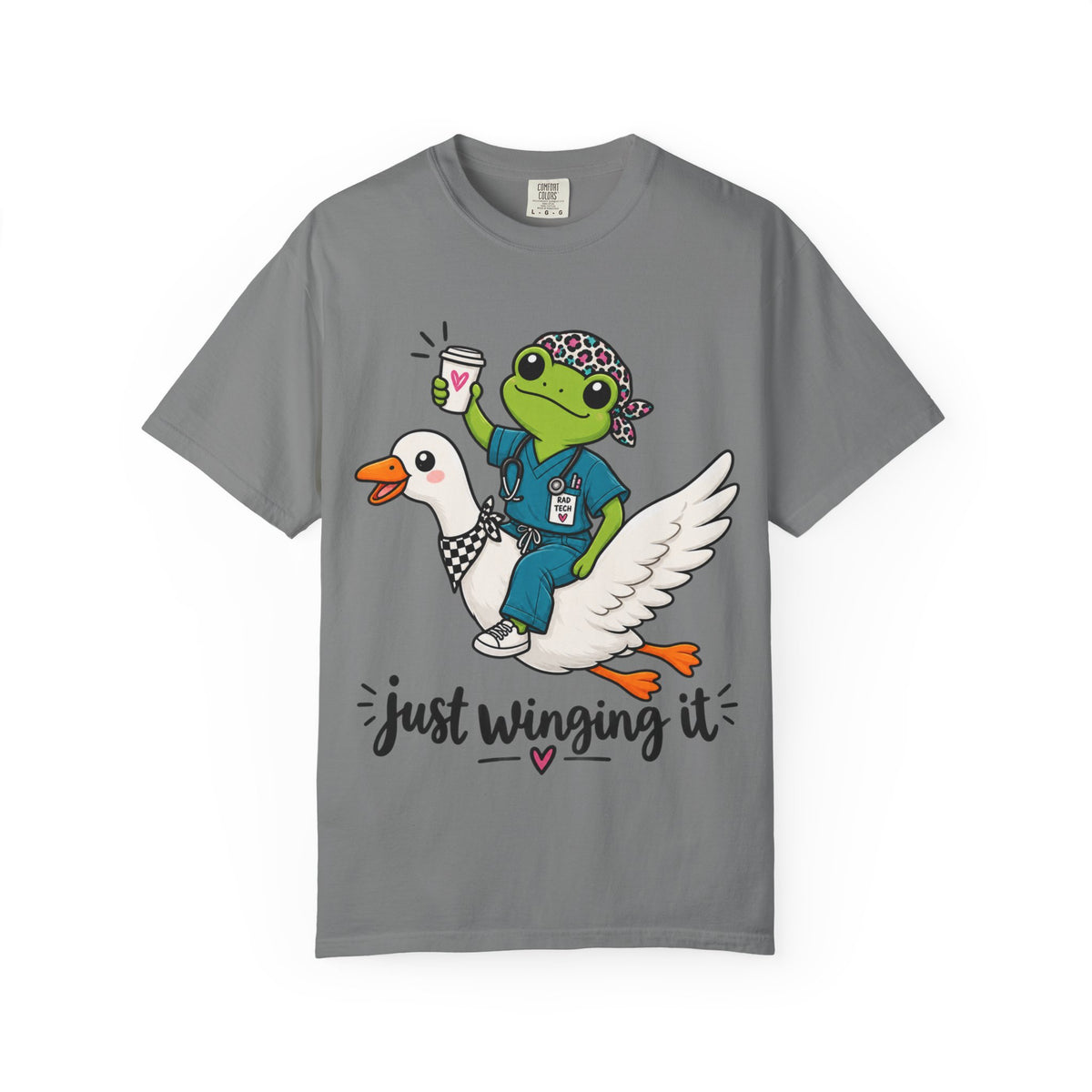 Just Winging It Nurse T-Shirt — Frog Scrub Nurse Riding Goose Graphic Tee