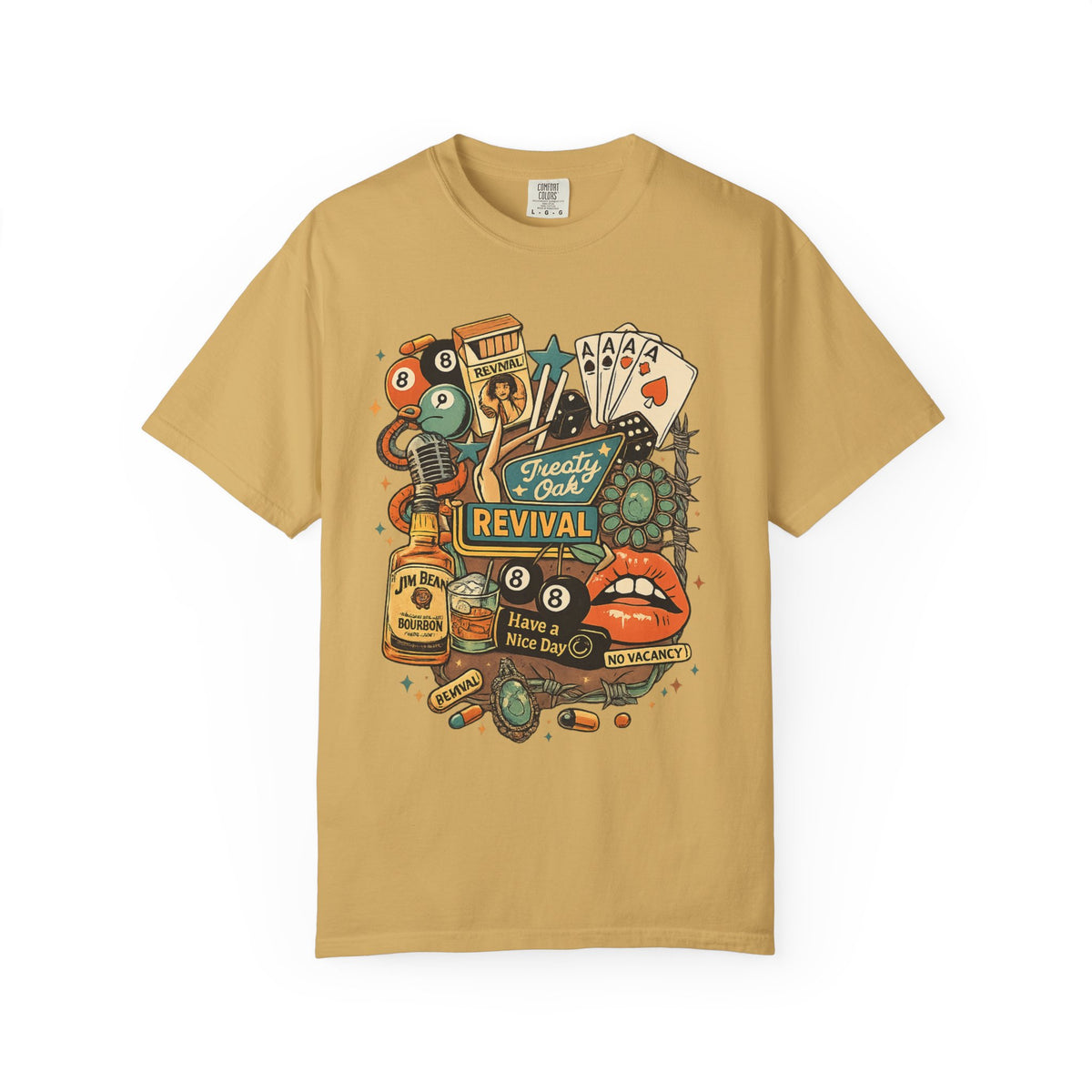 Retro Revival Graphic T-Shirt — 'Revival' Casino & Roadside Patch Art