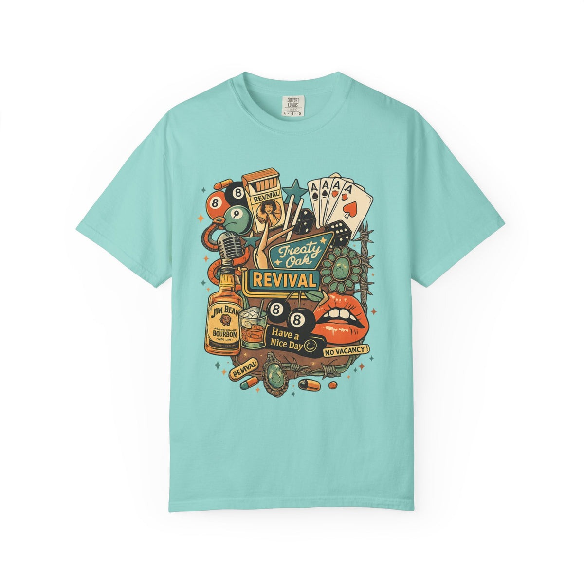 Retro Revival Graphic T-Shirt — 'Revival' Casino & Roadside Patch Art