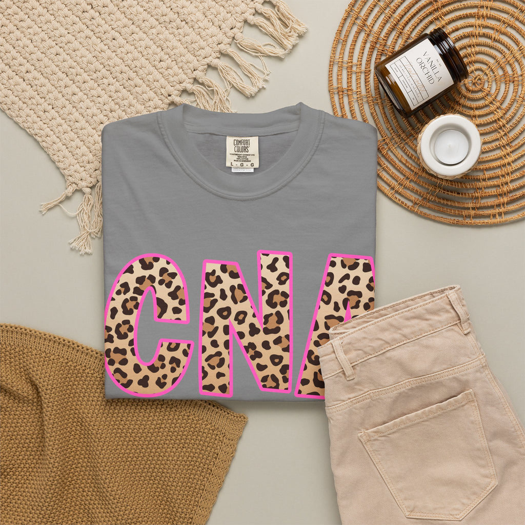 CNA Leopard Print Tee — Pink Outline Certified Nursing Assistant Shirt