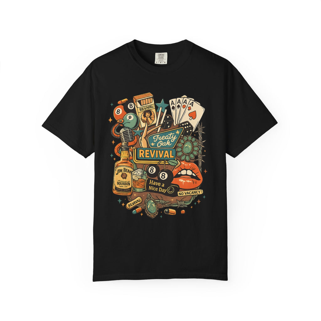 Retro Revival Graphic T-Shirt — 'Revival' Casino & Roadside Patch Art