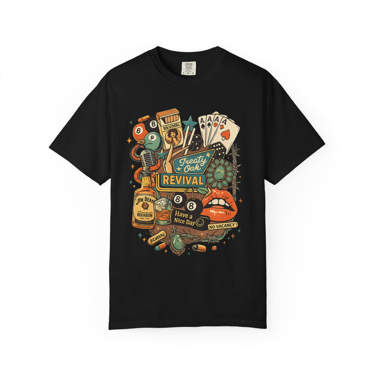 Retro Revival Graphic T-Shirt — 'Revival' Casino & Roadside Patch Art