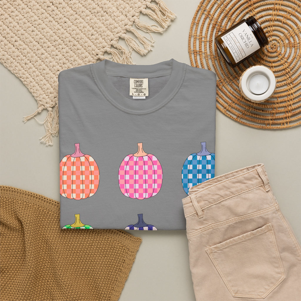 Pumpkin Grid T‑Shirt — Colorful Patterned Pumpkins Tee for Fall & Halloween