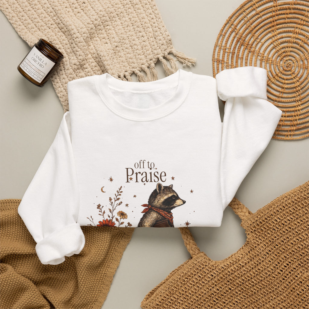 Crewneck Sweatshirt — 'Off to Praise the Lord' Raccoon Christian Graphic