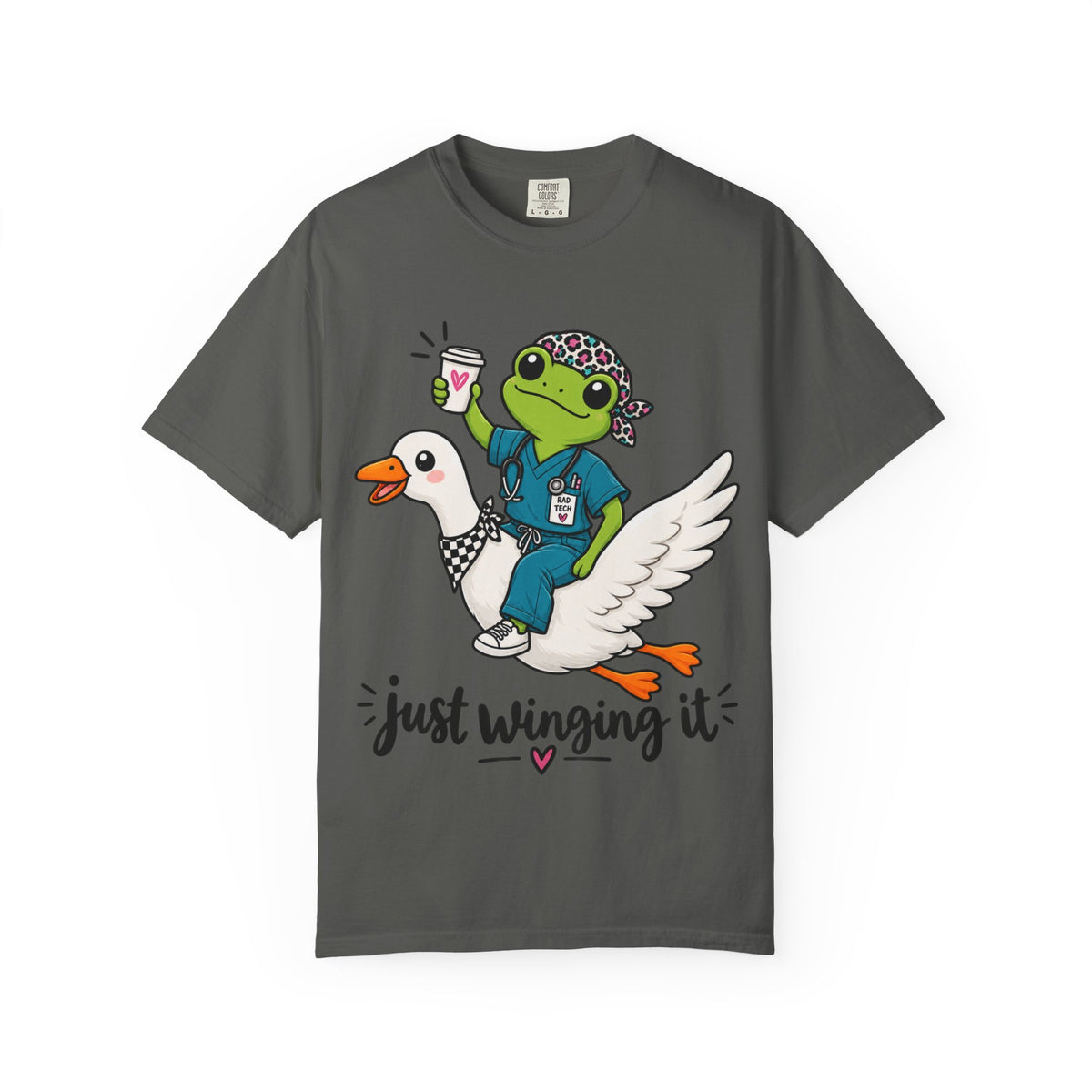 Just Winging It Nurse T-Shirt — Frog Scrub Nurse Riding Goose Graphic Tee
