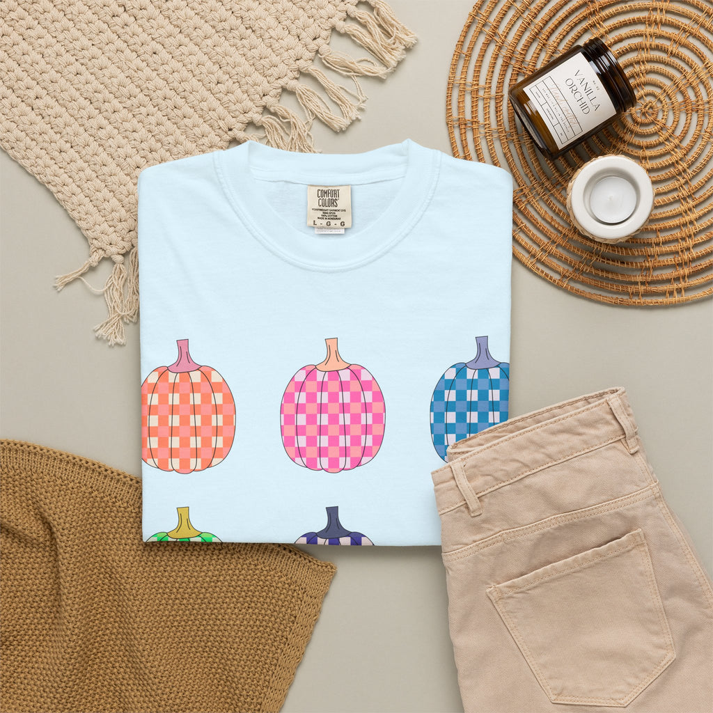 Pumpkin Grid T‑Shirt — Colorful Patterned Pumpkins Tee for Fall & Halloween