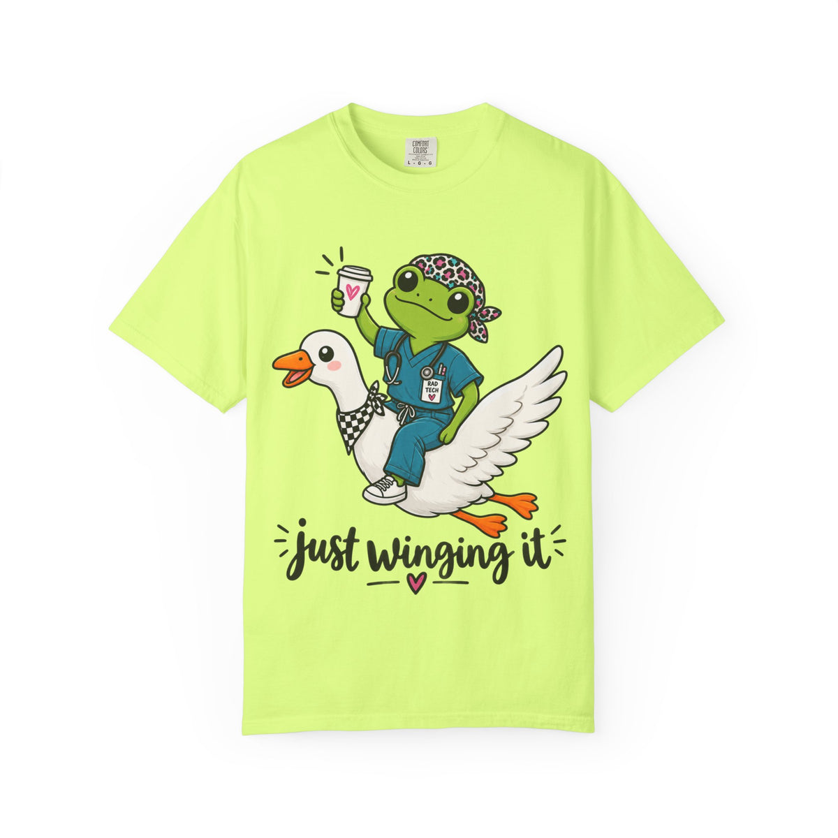 Just Winging It Nurse T-Shirt — Frog Scrub Nurse Riding Goose Graphic Tee