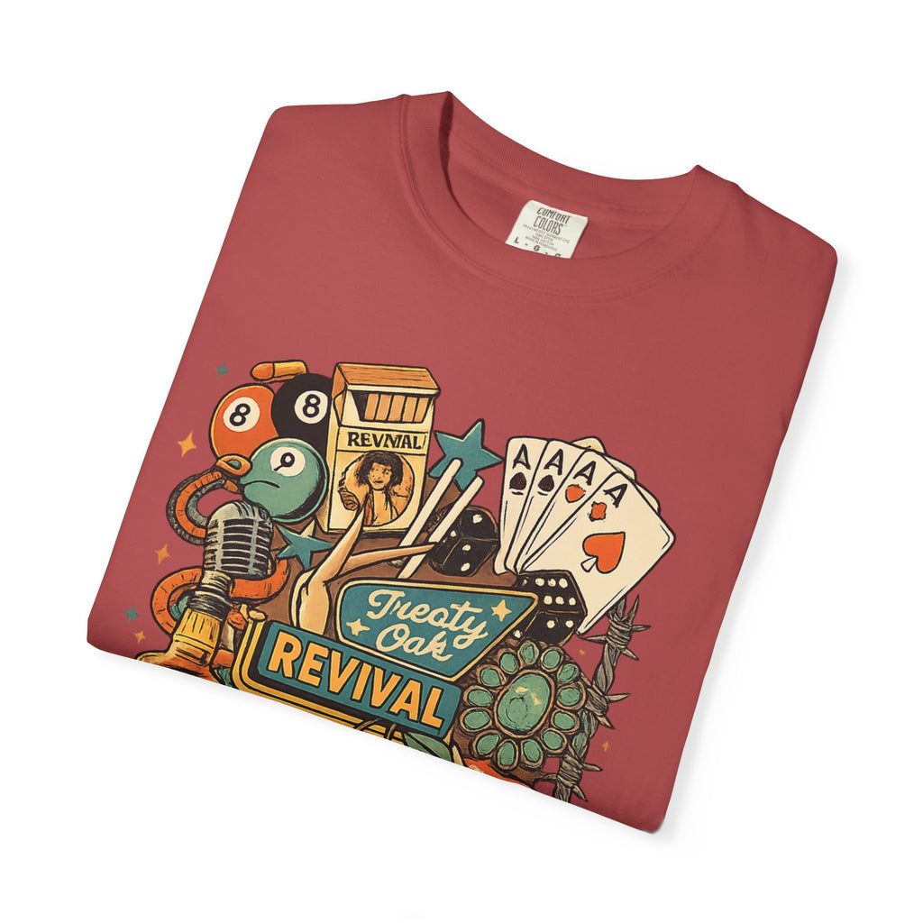 Retro Revival Graphic T-Shirt — 'Revival' Casino & Roadside Patch Art