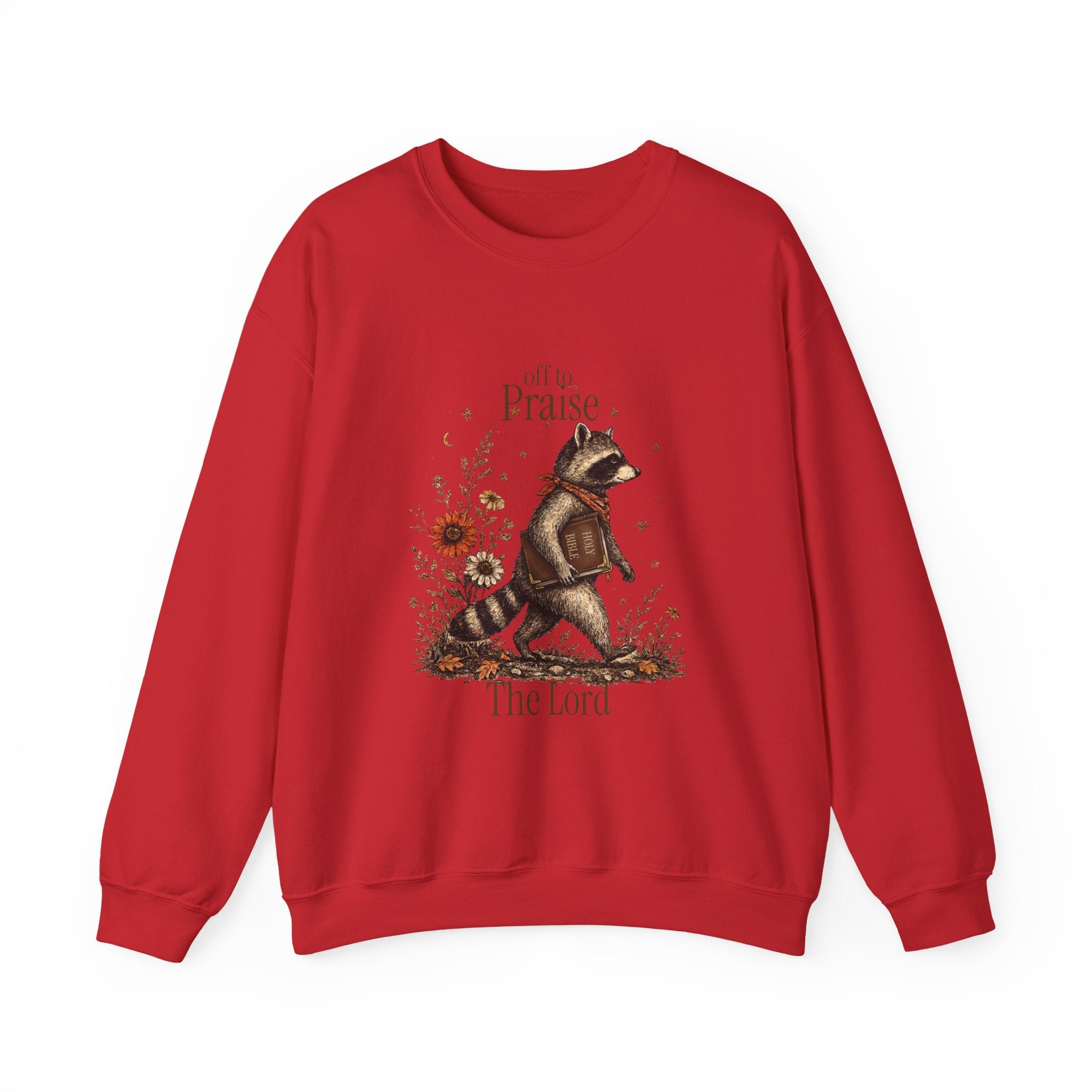 Crewneck Sweatshirt — 'Off to Praise the Lord' Raccoon Christian Graphic