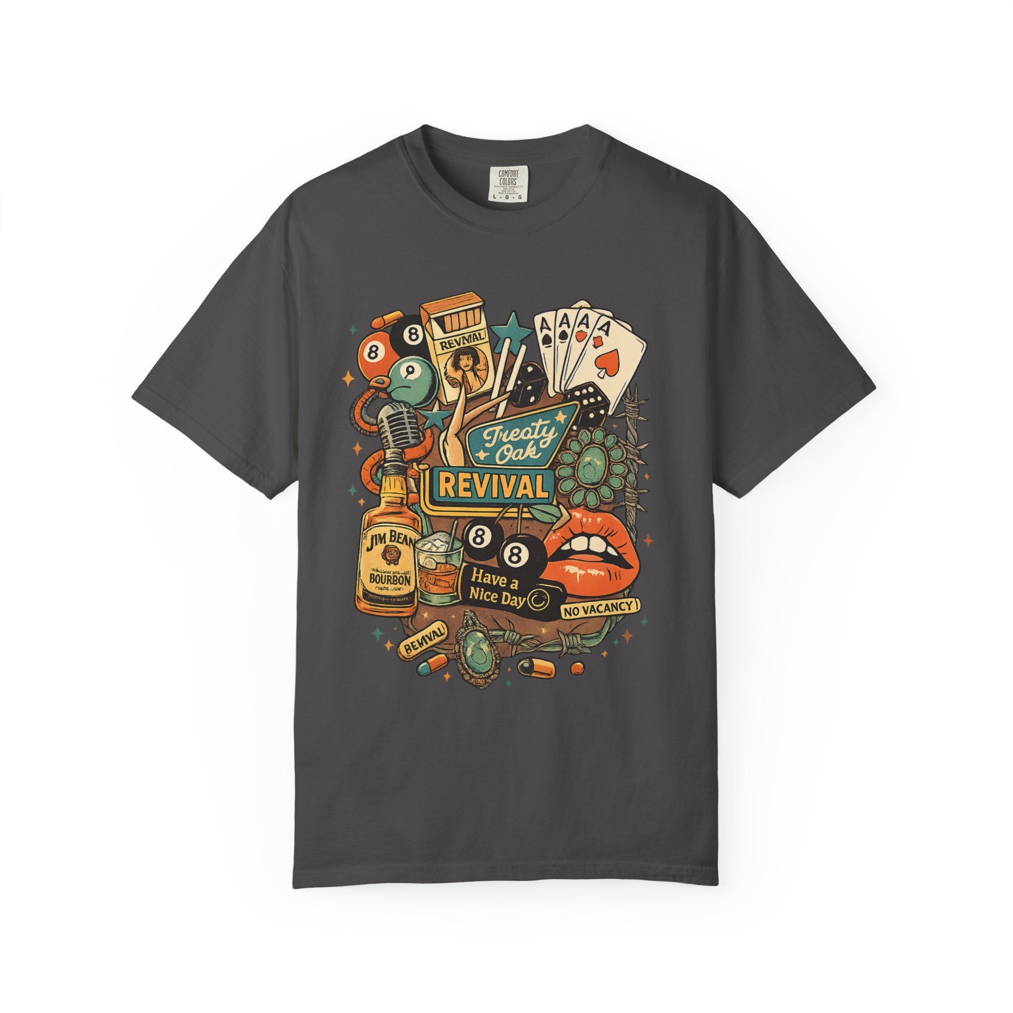 Retro Revival Graphic T-Shirt — 'Revival' Casino & Roadside Patch Art