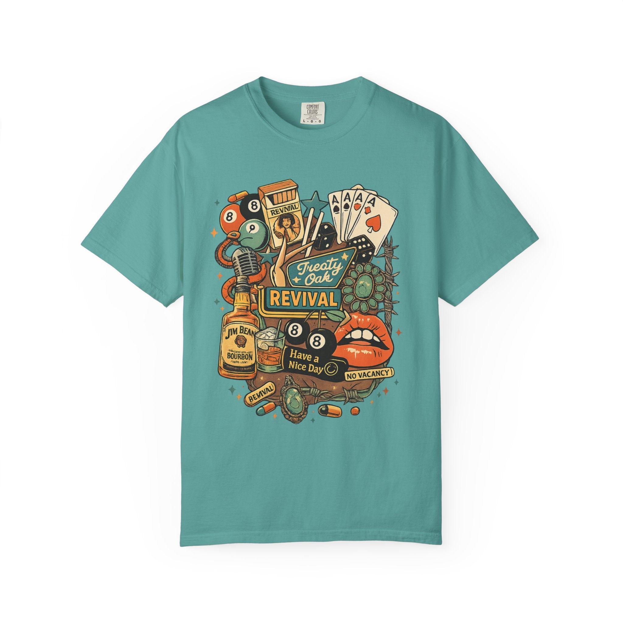 Retro Revival Graphic T-Shirt — 'Revival' Casino & Roadside Patch Art