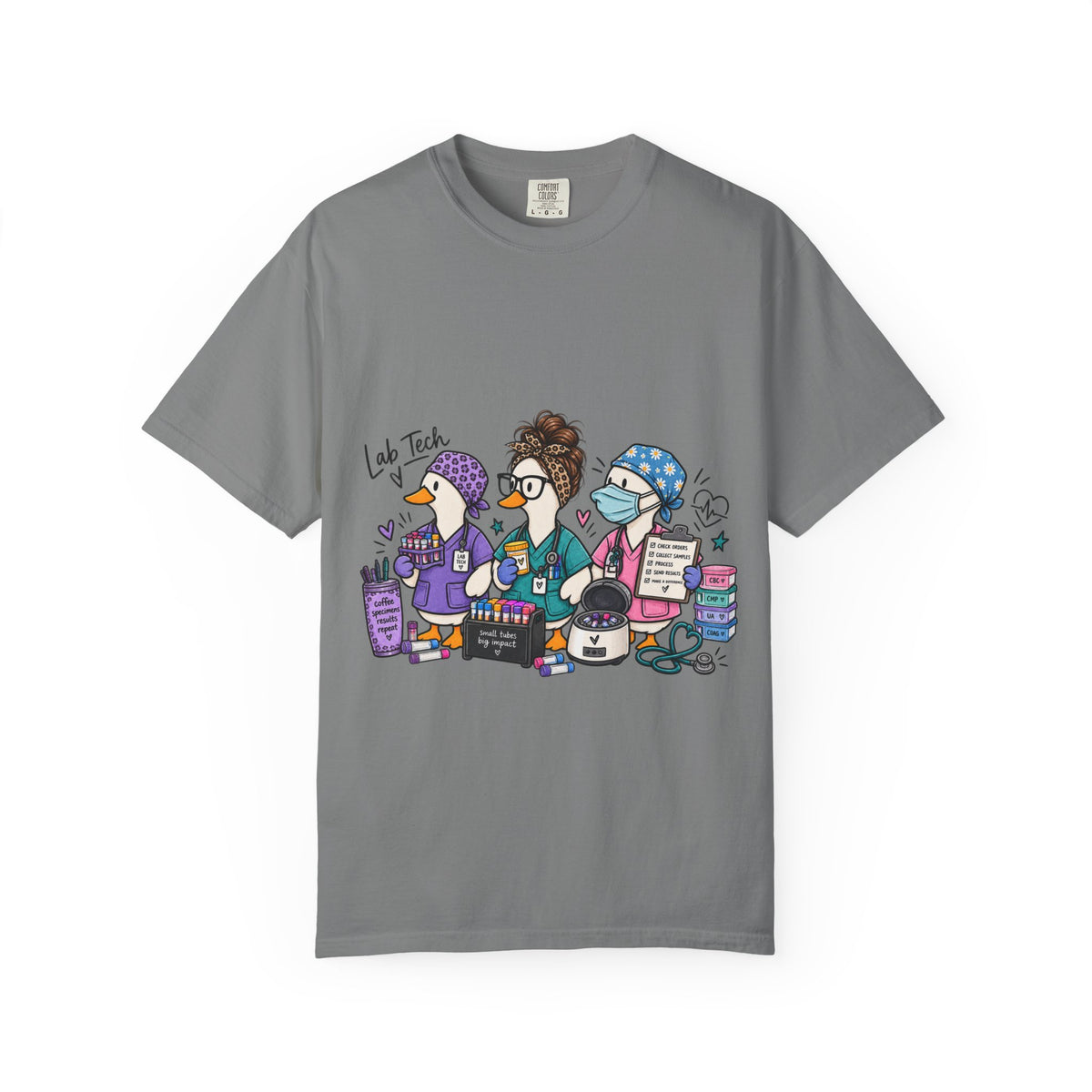 Lab Tech Team T-Shirt — Cute Cartoon Laboratory Scientist Shirt for Medical & Research Staff