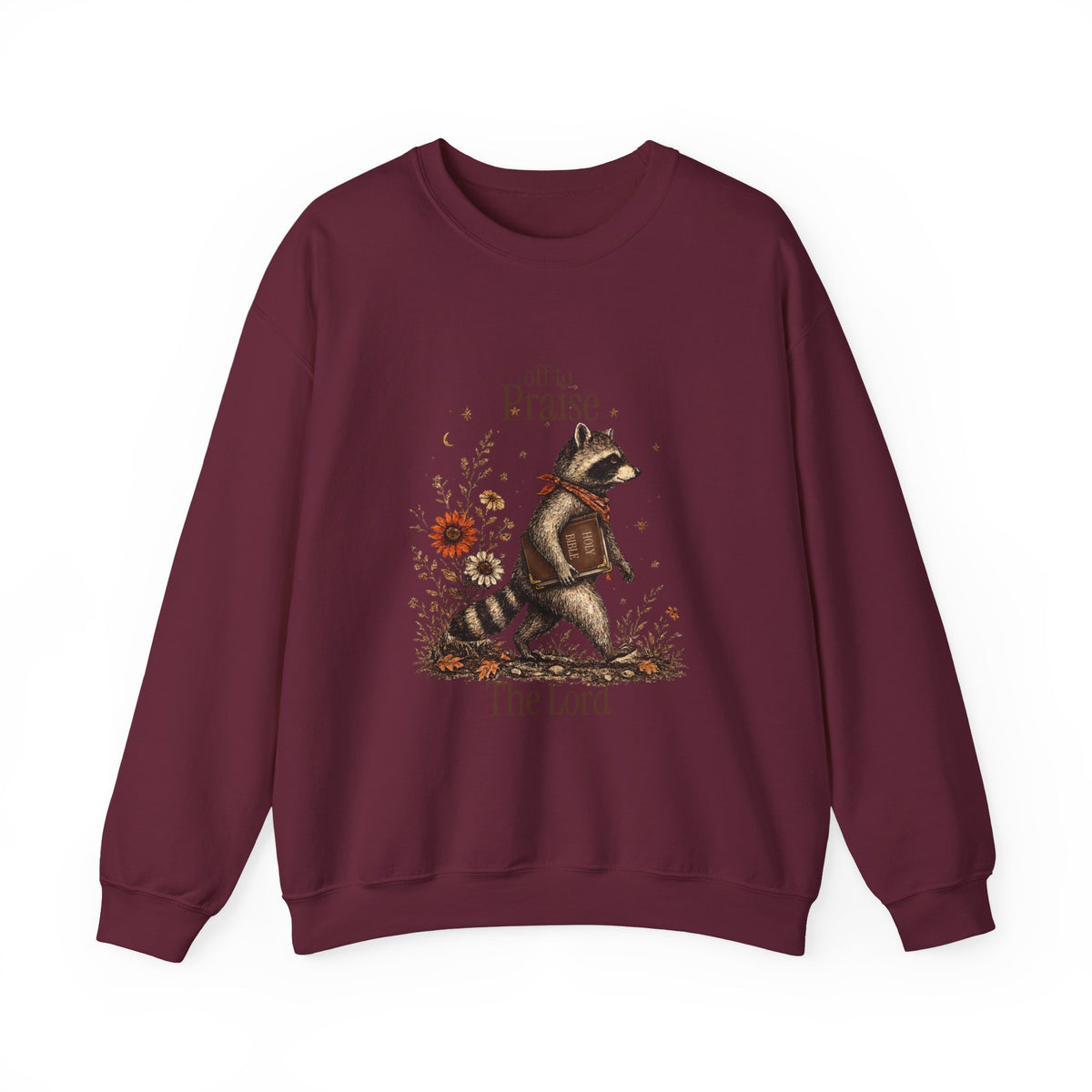 Crewneck Sweatshirt — 'Off to Praise the Lord' Raccoon Christian Graphic