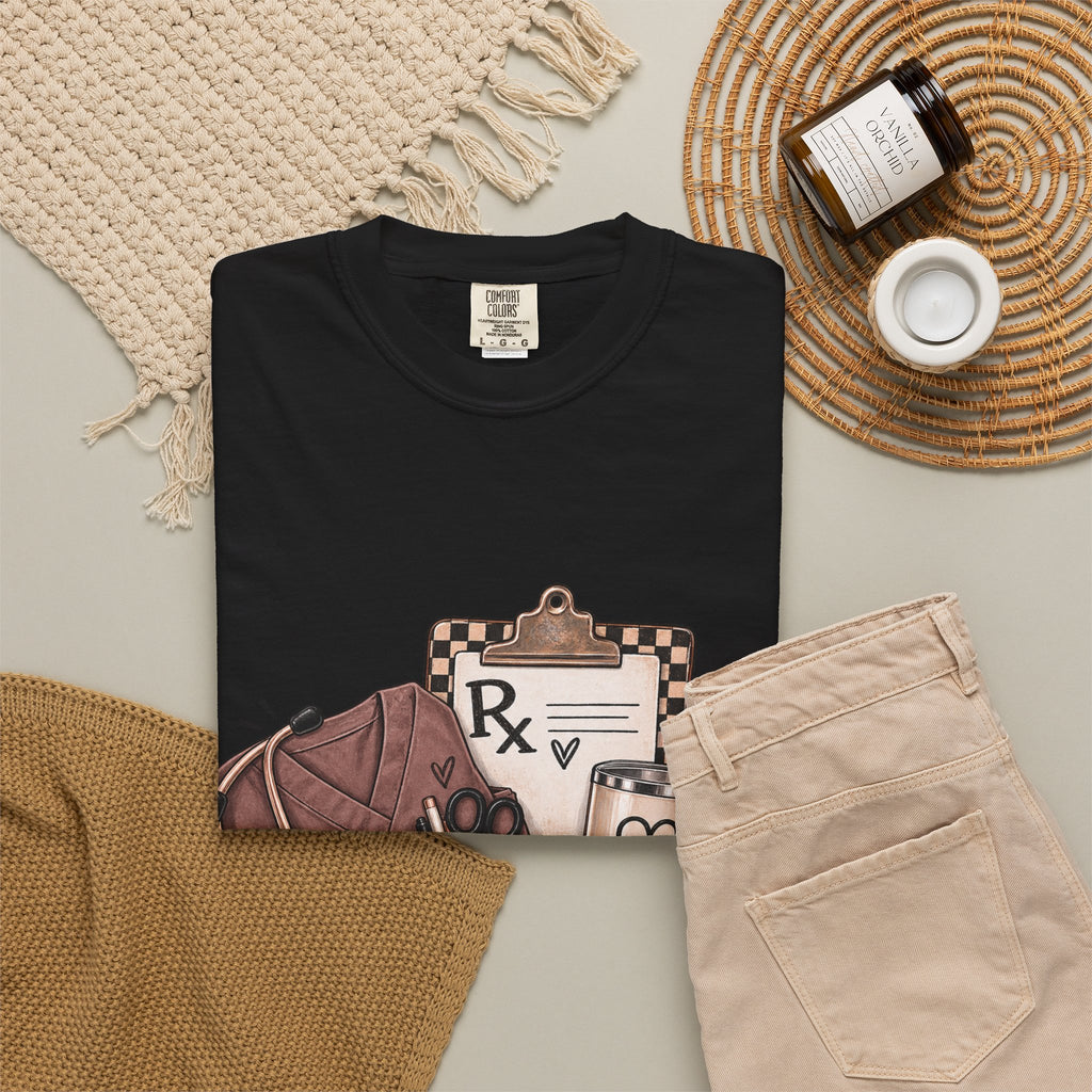 Nurse Life Graphic T-Shirt — Medical Symbols, Heartbeat & Clipboard Design