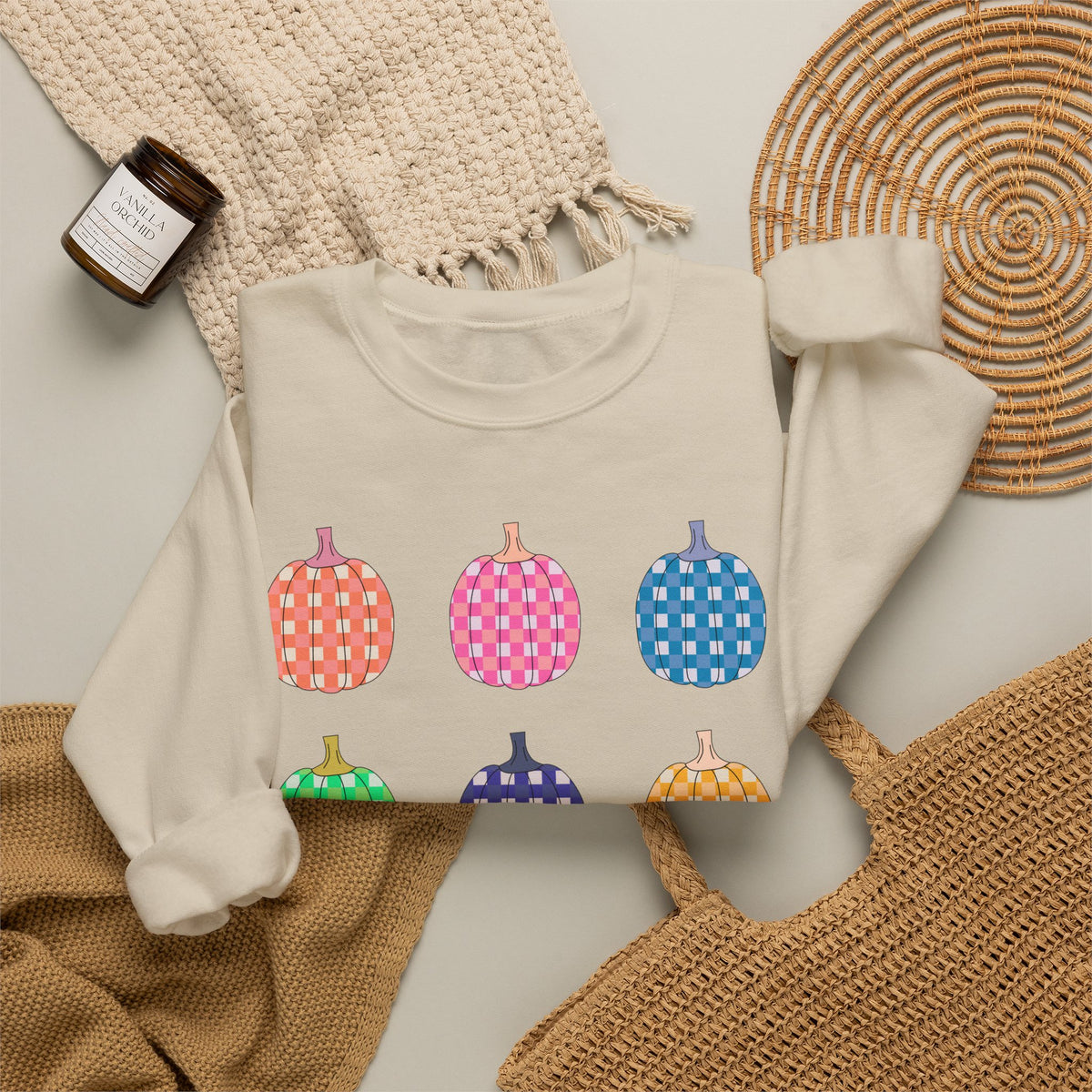 Pumpkin grid autumn Crewneck Sweatshirt