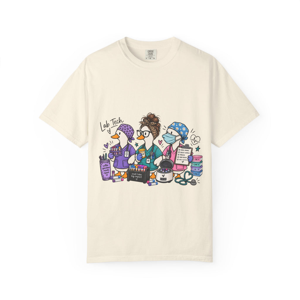 Lab Tech Team T-Shirt — Cute Cartoon Laboratory Scientist Shirt for Medical & Research Staff