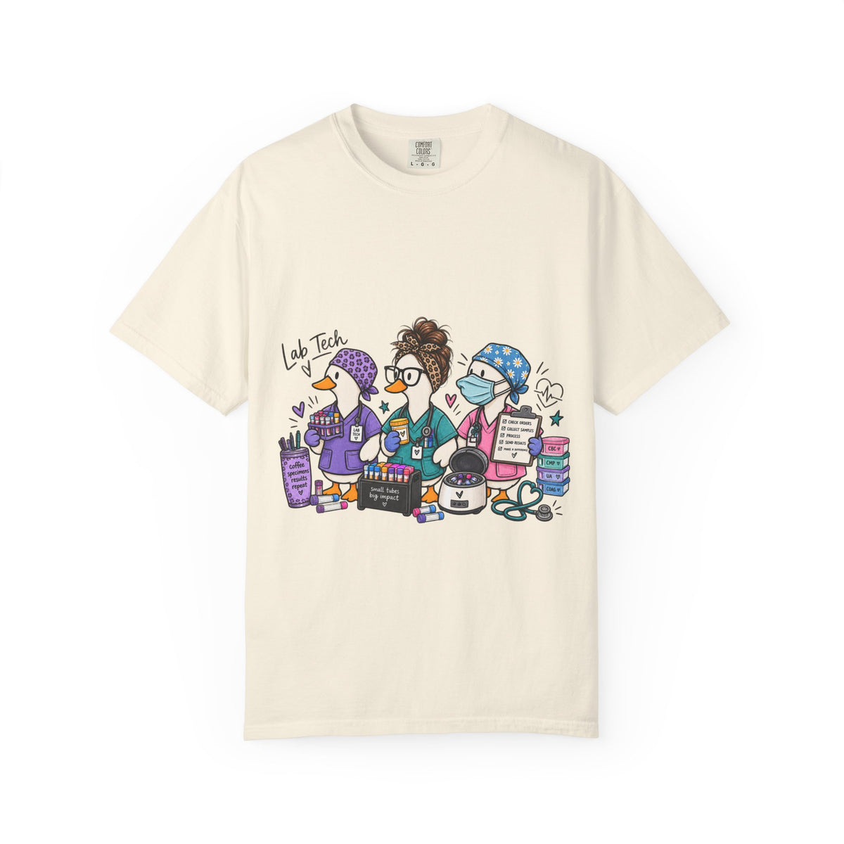 Lab Tech Team T-Shirt — Cute Cartoon Laboratory Scientist Shirt for Medical & Research Staff