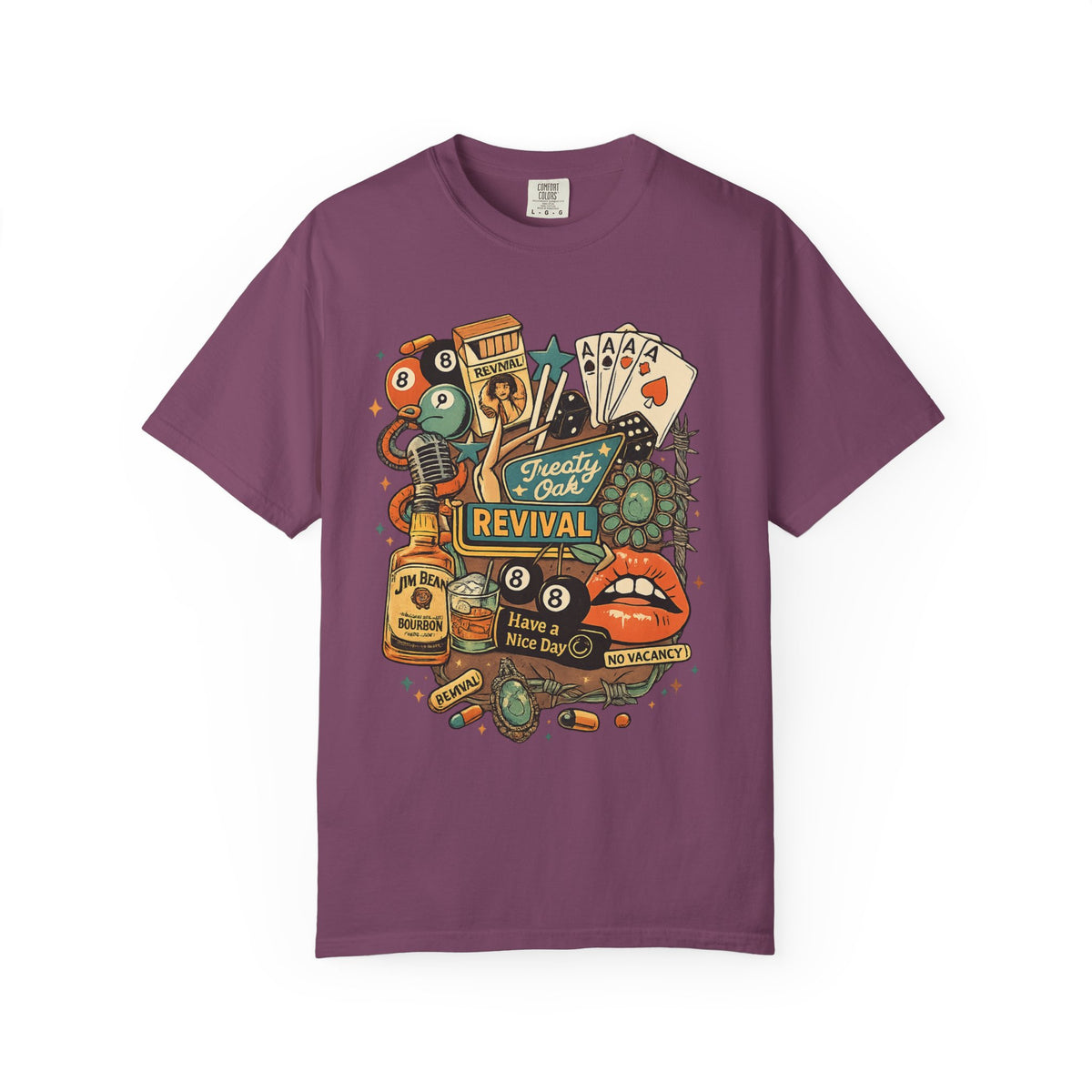 Retro Revival Graphic T-Shirt — 'Revival' Casino & Roadside Patch Art