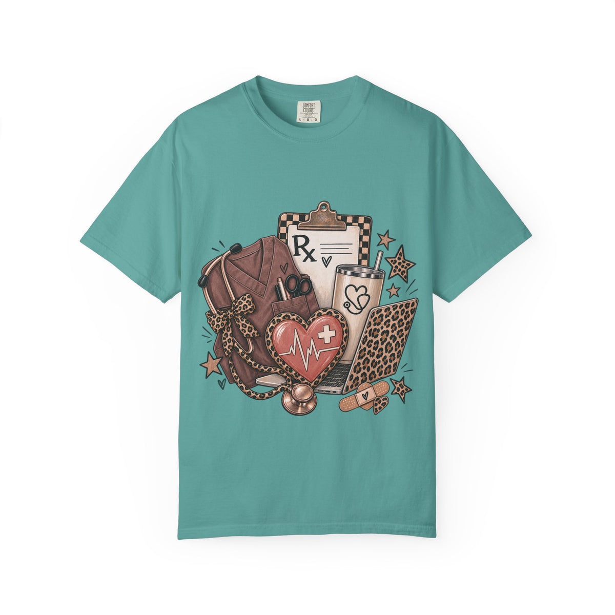 Nurse Life Graphic T-Shirt — Medical Symbols, Heartbeat & Clipboard Design