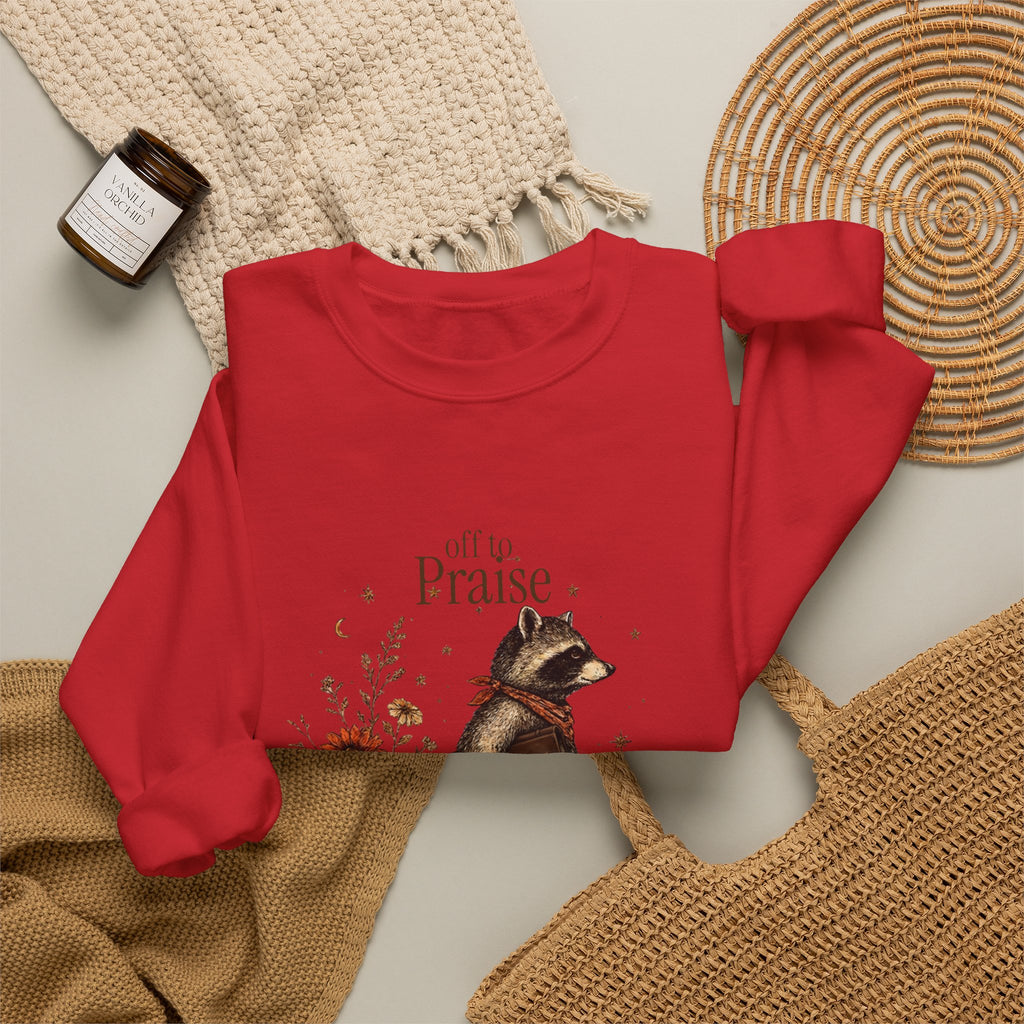 Crewneck Sweatshirt — 'Off to Praise the Lord' Raccoon Christian Graphic