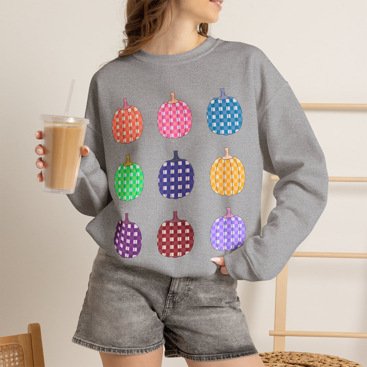Pumpkin grid autumn Crewneck Sweatshirt