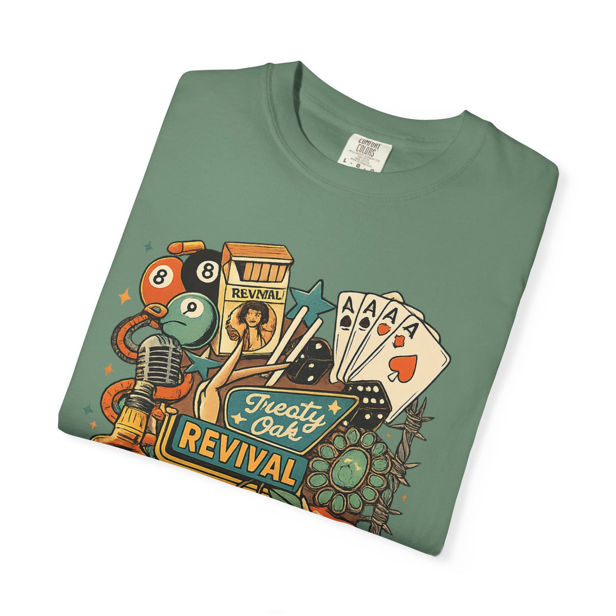 Retro Revival Graphic T-Shirt — 'Revival' Casino & Roadside Patch Art